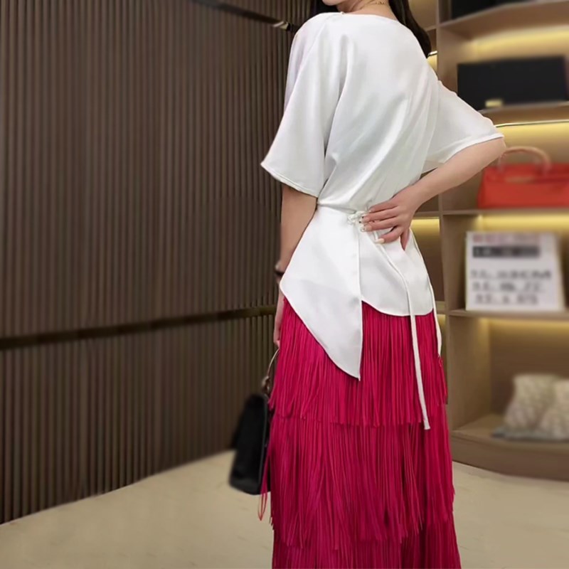 夏季修身高腰褶皱流苏半身裙子女显瘦不规则系带缎面小衫薄款上衣