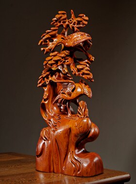 梨木雕刻松鹤延年根雕红木工艺品家居客厅饰摆设贺寿送礼