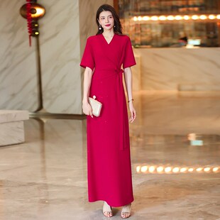 红色连衣裙2024夏季款修身显瘦气质V领高端精致超长裙到脚踝1873