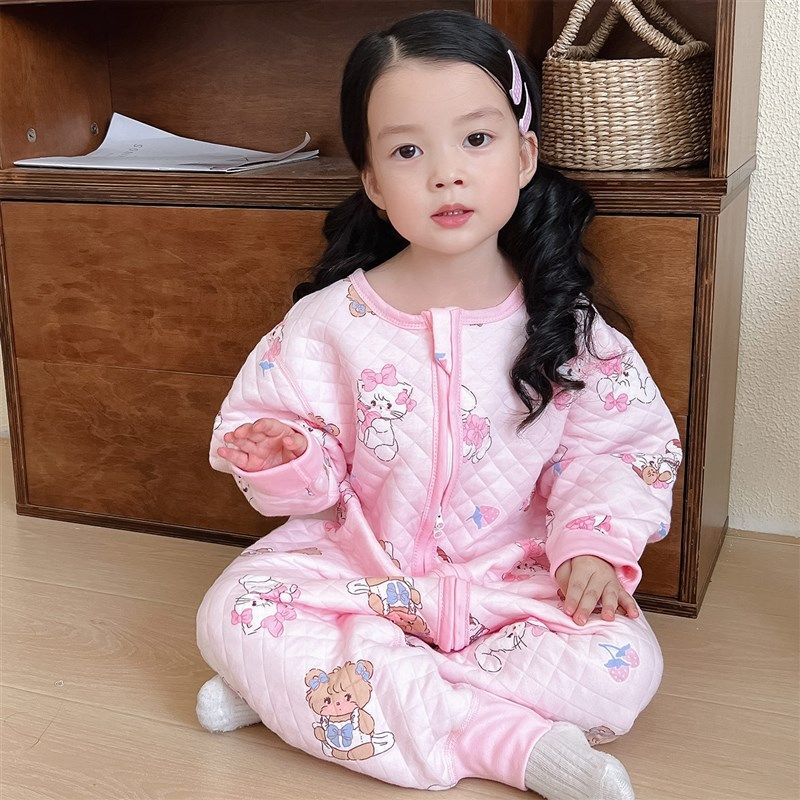 宝宝睡袋春秋款纯棉加厚男女童连体睡衣三层夹薄棉儿童防踢被秋冬