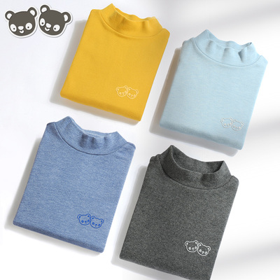 德绒男童半高领打底衫无骨磨毛中大童保暖上衣纯棉儿童中领秋衣男