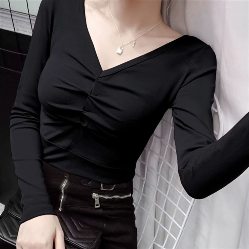 2025年早春新款长袖纯棉露锁骨上衣修身显瘦百搭v领打底衫T恤女