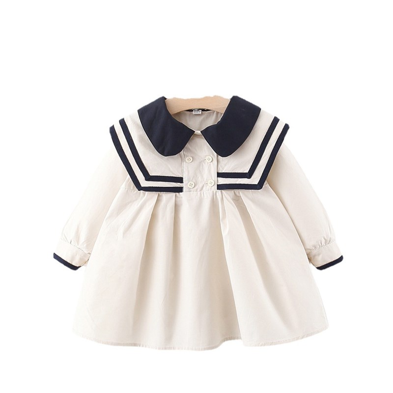 1-5岁女童学院风连衣裙春秋装3海军风4娃娃领公主裙2宝宝洋气裙子