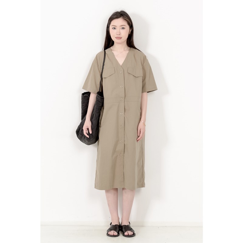 KNgs 夏季日系复古风纯色宽松v领短袖中长款工装裙连衣裙女