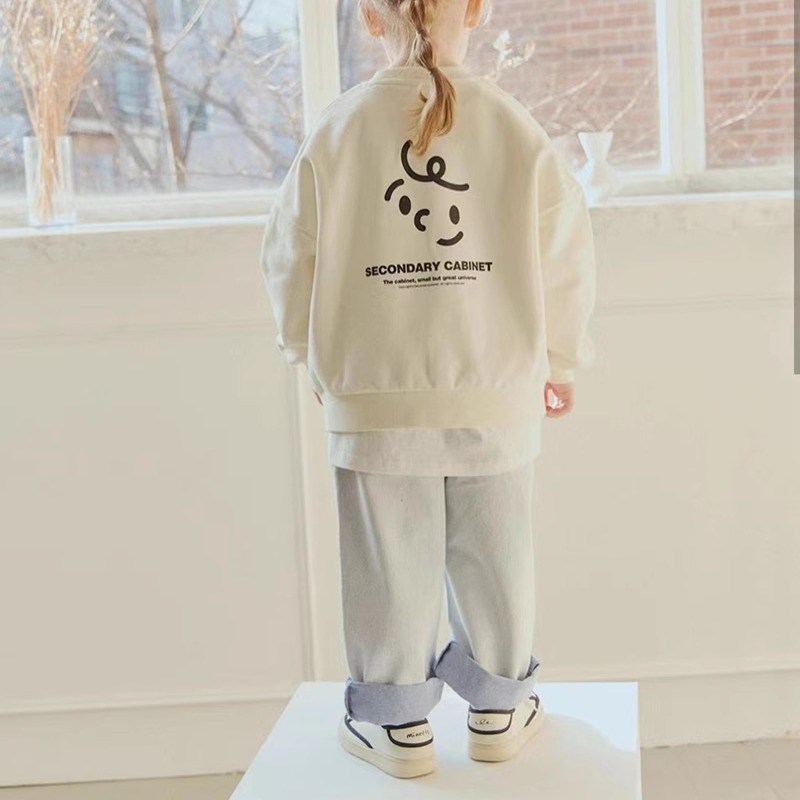 包邮100-145韩系潮童RJ男女童浅色宽松直筒牛仔裤