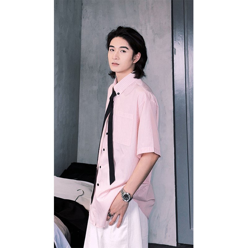 龙叨叨2024夏季新款日系条纹领带短袖衬衫潮流宽松休闲百搭衬衣男