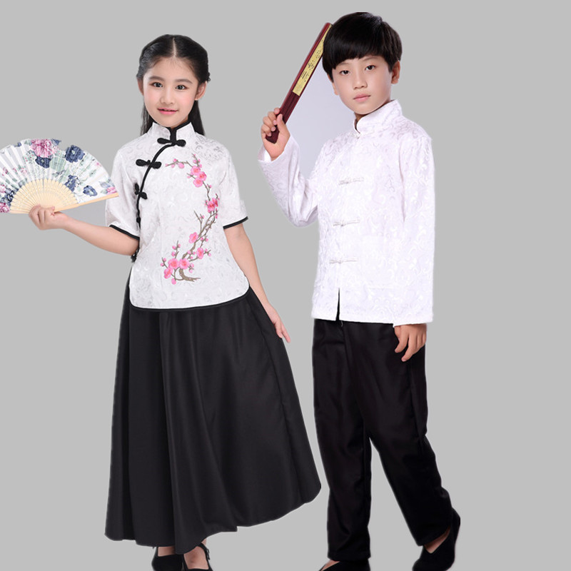 儿童旗袍唐装女童古筝演出服民族舞蹈中国风男童套装大合唱表演服