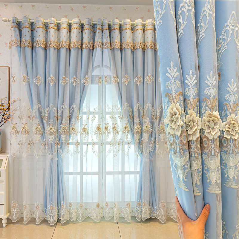 简约欧式双层加厚遮光布纱一体成品客厅卧室奢华大气浮雕绣花窗帘