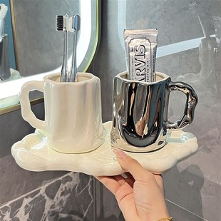 家用高颜值情侣牙刷杯轻奢洗漱杯牙具杯 简约不规则陶瓷漱口杯套装