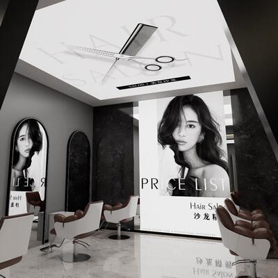 高级美发店软膜灯箱男士理发店发型设计美业工作室天花吊顶广告牌