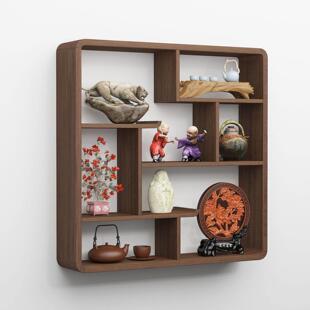 博古架实木中式挂墙壁挂式上墙多宝阁隔断茶室置物架现代简约摆件