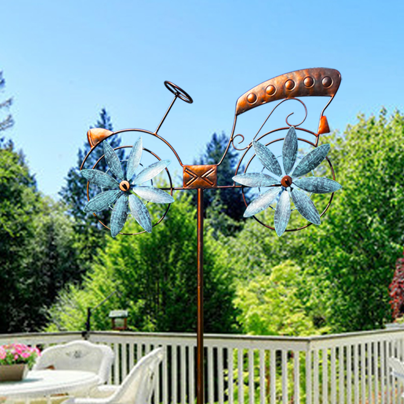 别墅花园庭院风车户外阳台布置装饰旋转铁艺插件自行车模型摆件