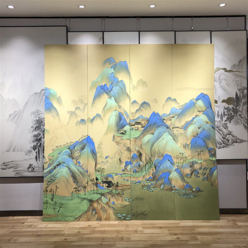 千里江山图墙纸沙发背景墙电视客厅新中式丝印手绘手绣刺绣壁画硬