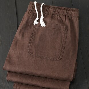 轻薄透气吸湿排汗抽绳松紧腰直筒裤 夏季 咖啡色纯亚麻小脚口九分裤