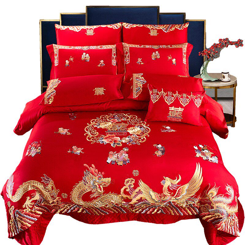 100支全棉婚庆四六件套刺绣龙凤百子图大红色结婚床上用品喜被子