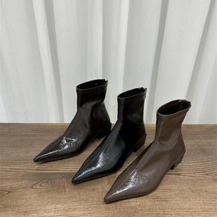 韩版小踝靴气质春秋单靴子尖头时装瘦瘦靴粗中跟高跟短靴女冬加绒