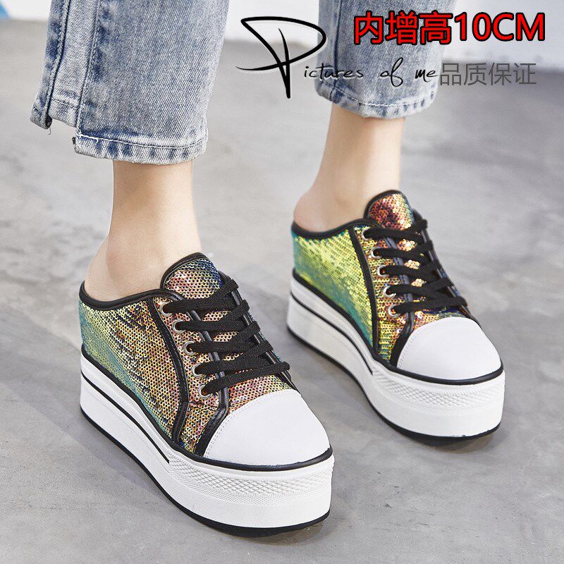 韩版松糕厚底内增高10CM帆布鞋2024秋珠片半拖鞋女包头外穿女鞋子
