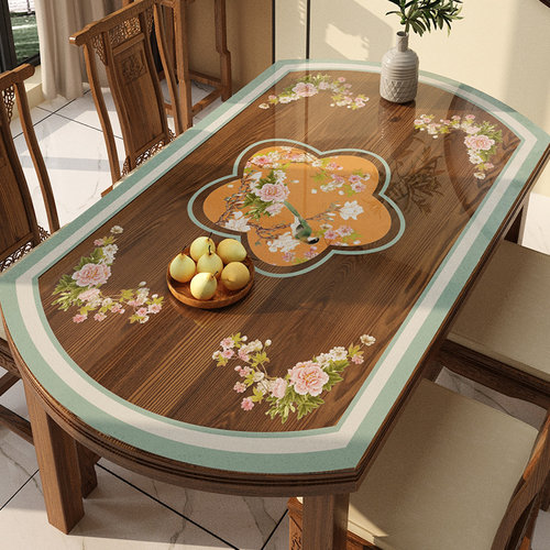 PVC新中式弧形台折叠桌布防水防油免洗椭圆餐桌垫镂空透明软玻璃