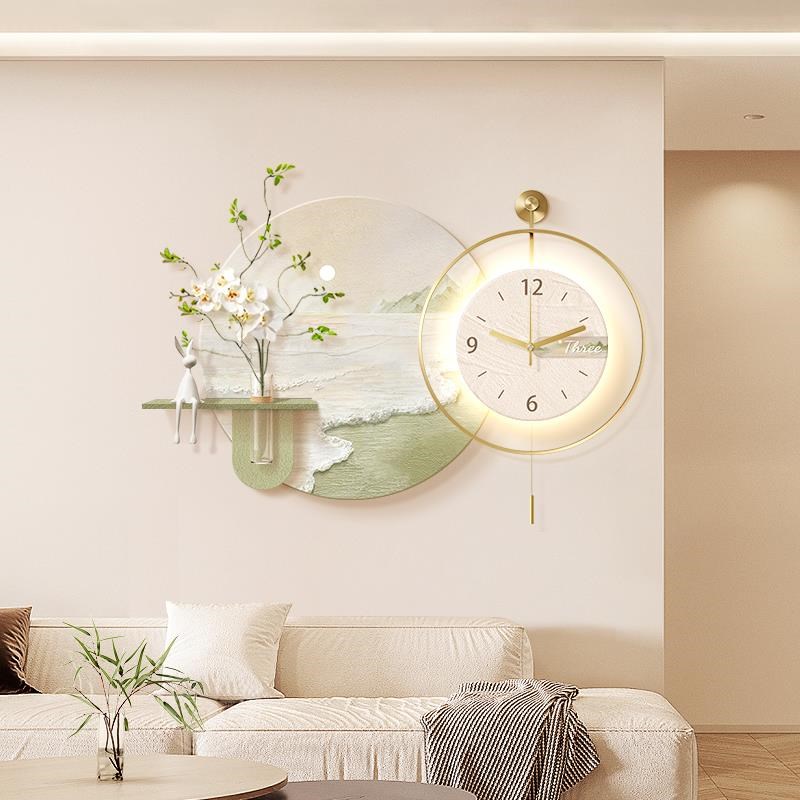 原木奶油风饭厅装饰画 画海景2025新款钟表挂钟客厅挂画 画餐桌时