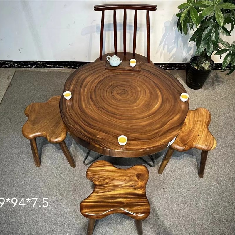 南美胡桃木实木大板小茶桌雨木圆盘原木圆桌茶台家用客厅阳台餐桌