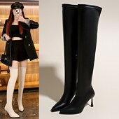 尖头过膝长靴高跟靴子女秋新款 44大码 弹力靴长W筒靴细跟丝袜靴