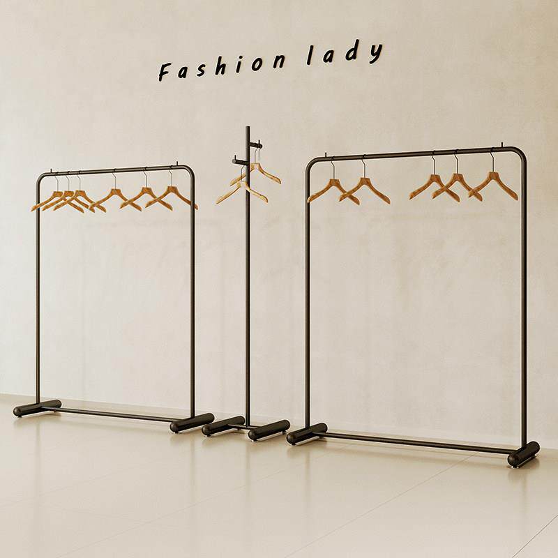 服装店货架简约铁艺黑色落地挂衣架童装陈列架奶白色女装店展示架