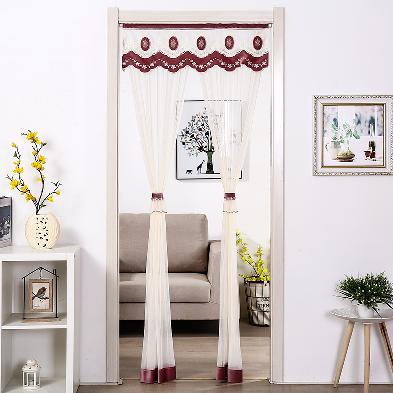 送杆 双层纱门帘防蚊纱帘布艺田园隔断帘卧室厨房卫生间蕾丝门帘