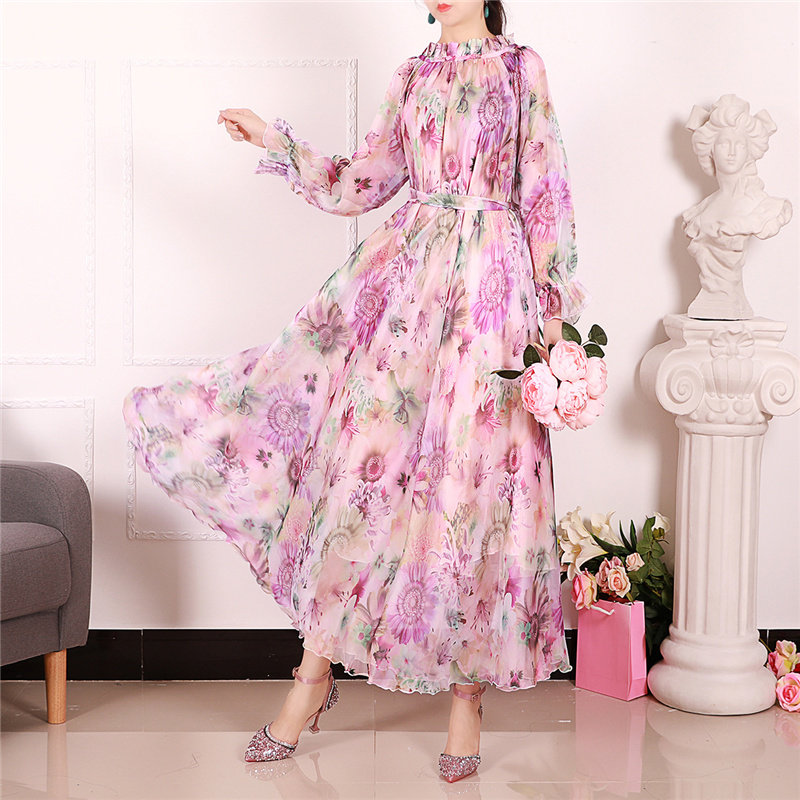 夏季新款雪纺长袖连衣裙碎花气质薄款大码女夏长款到脚踝长裙胖mm