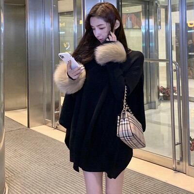 2021新款秋冬时尚加厚洋气毛衣上衣小个子中长款斗篷披肩外套女冬