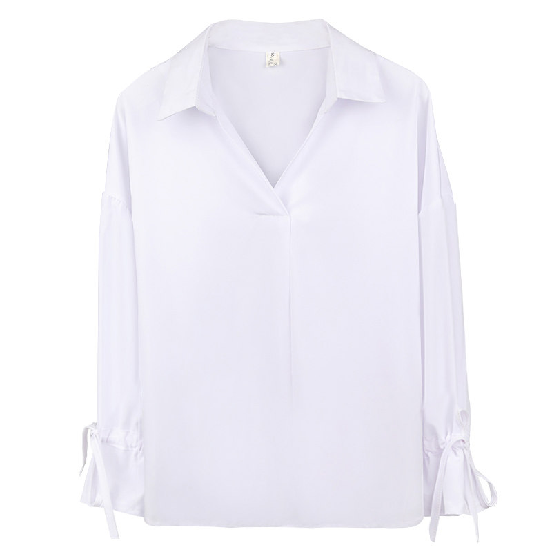 衬衣女2020春夏v领长袖职业气质喇叭袖宽松套头雪纺可爱白色衬衫