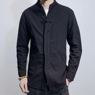 春秋男士立领盘扣黑色白色长袖衬衫休闲唐装中国古风男装中山装潮