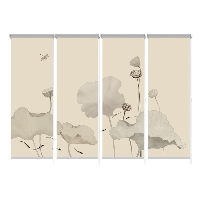 中式帘子悬挂式软屏风卧室卷帘窗帘房间屏风隔离拉帘茶室装饰荷花