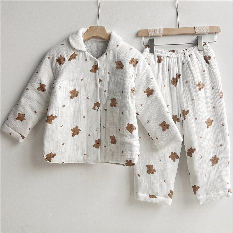 大小儿童女童睡衣2024新款秋冬款季纯棉纱夹棉宝宝保暖加厚家居服