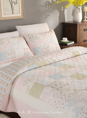BUBU熊韩式田园衍缝被单件床盖三件套空调被子母夏纯棉蓝色多尺寸