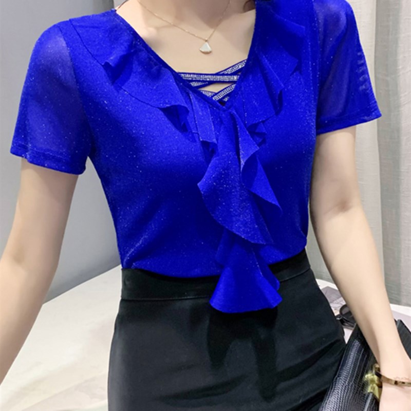2024夏装新款性感V领网纱T恤女短袖洋气荷叶边漂亮上衣修身小衫潮