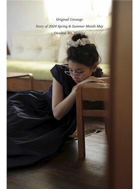 /Corange/短袖圆领木耳花边收腰复古少女感A字连衣裙 英式藏蓝色