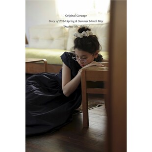 /Corange/短袖圆领木耳花边收腰复古少女感A字连衣裙 英式藏蓝色