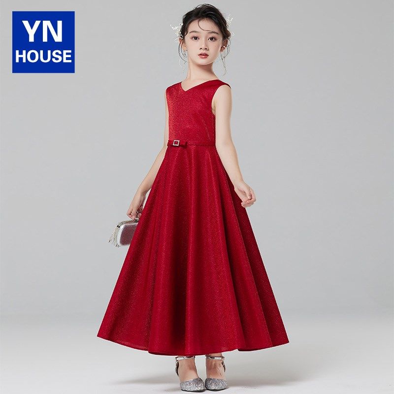 女童晚礼服红色小女孩高端花童公主裙儿童小主持人钢琴演奏演出服