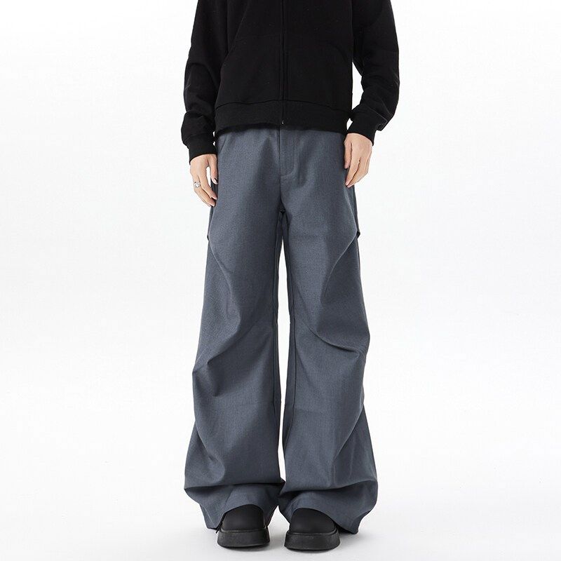 190高个子加长版美式小众褶皱宽松休闲裤春季拖地微喇黑色西裤男