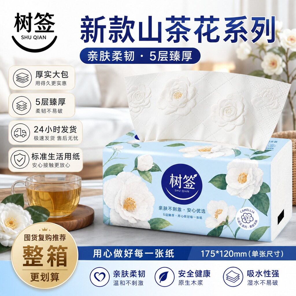 【新款山茶花】树签升级5层大包家用擦手纸
