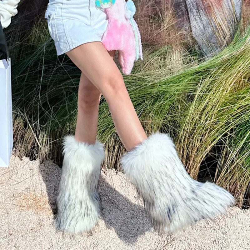 g毛毛冬新d款辣妹套筒加厚仿貉子毛平跟毛茸茸中筒靴