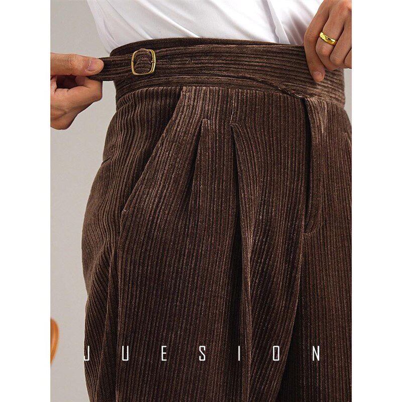 JUESION 意式廓尔格休闲西裤男高腰秋冬款复古灯芯绒双褶直筒长裤