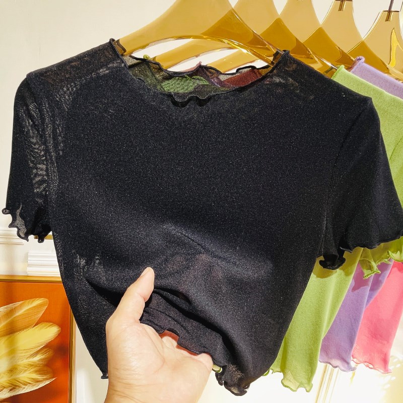 白色短款罩衫网纱打底衫女吊带裙内搭t恤薄款短袖蕾丝上衣女夏季