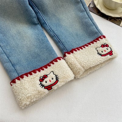 女童牛仔裤冬款软宝宝冬季洋气加厚羊羔绒裤子保暖长裤窄版直筒裤