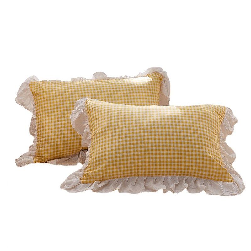 柠萌黄格子全棉水洗棉枕套一对装荷叶花边单人枕芯套48*74cm枕皮