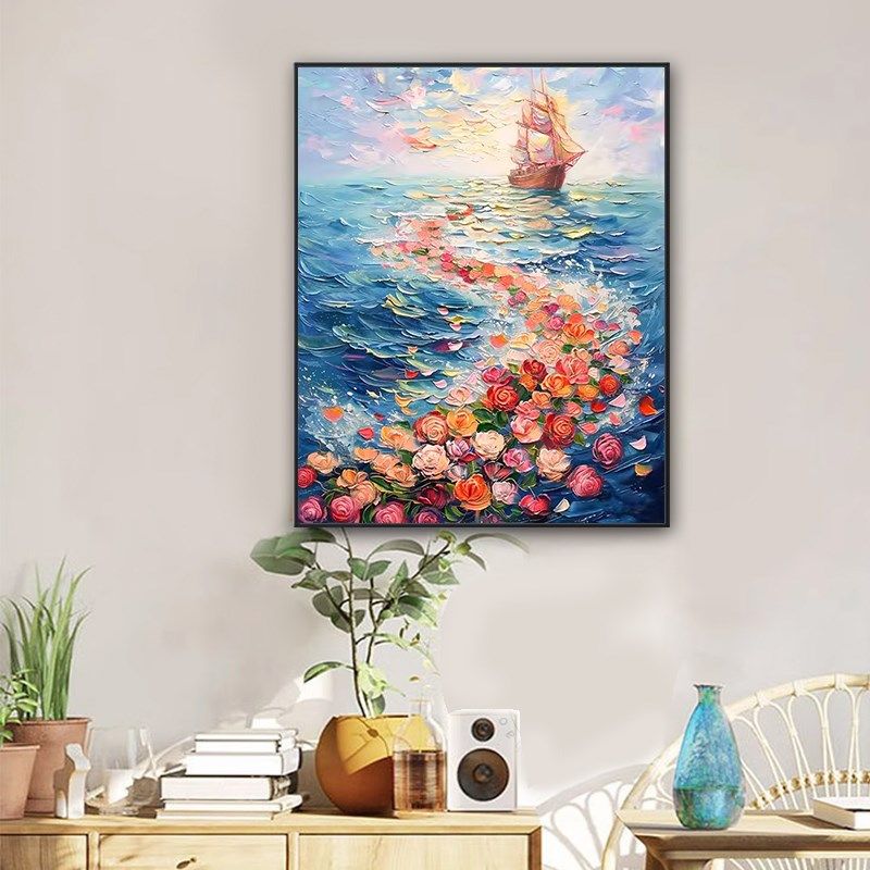 一帆风顺砖石画蓝色大海风景满钻十字绣2024新款客厅玫瑰花点钻画