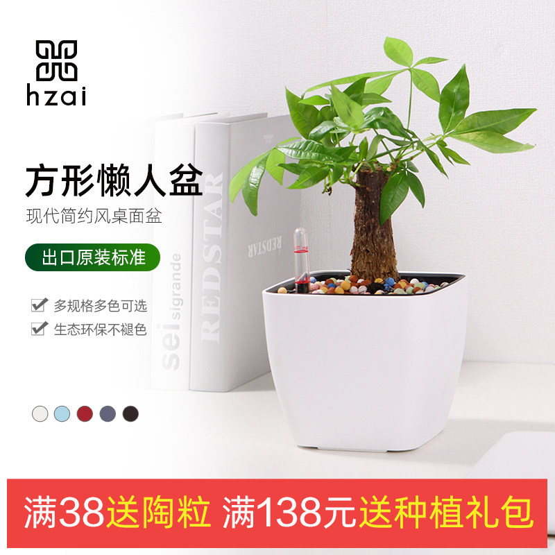 2022年新款发财树懒人自动吸水花盆桌面方形塑料双层简约植物盆栽