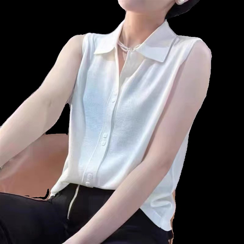 超细羊毛女子Polo领无袖底衬毛针织衫
