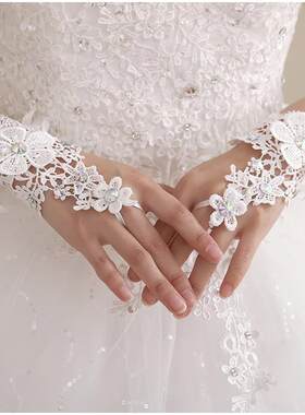 白色短款绑带款手套 夏季婚纱搭配 时尚洋气大彩钻
