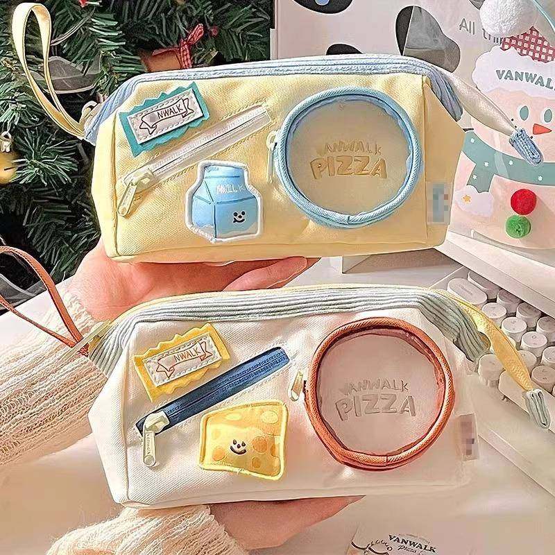 可爱撞色拼接笔袋高颜值ins风大容量女生痛包文具盒食物铅笔盒孩